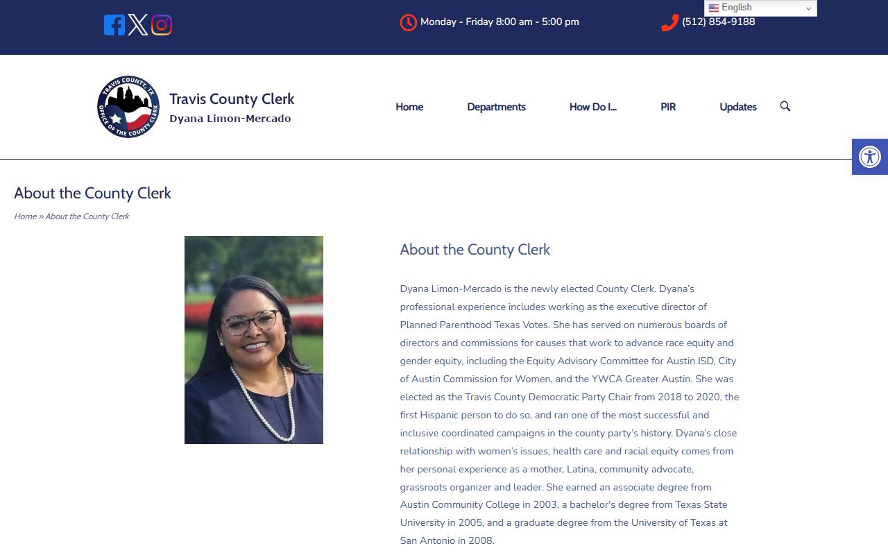 Travis County Clerk biography page for county records