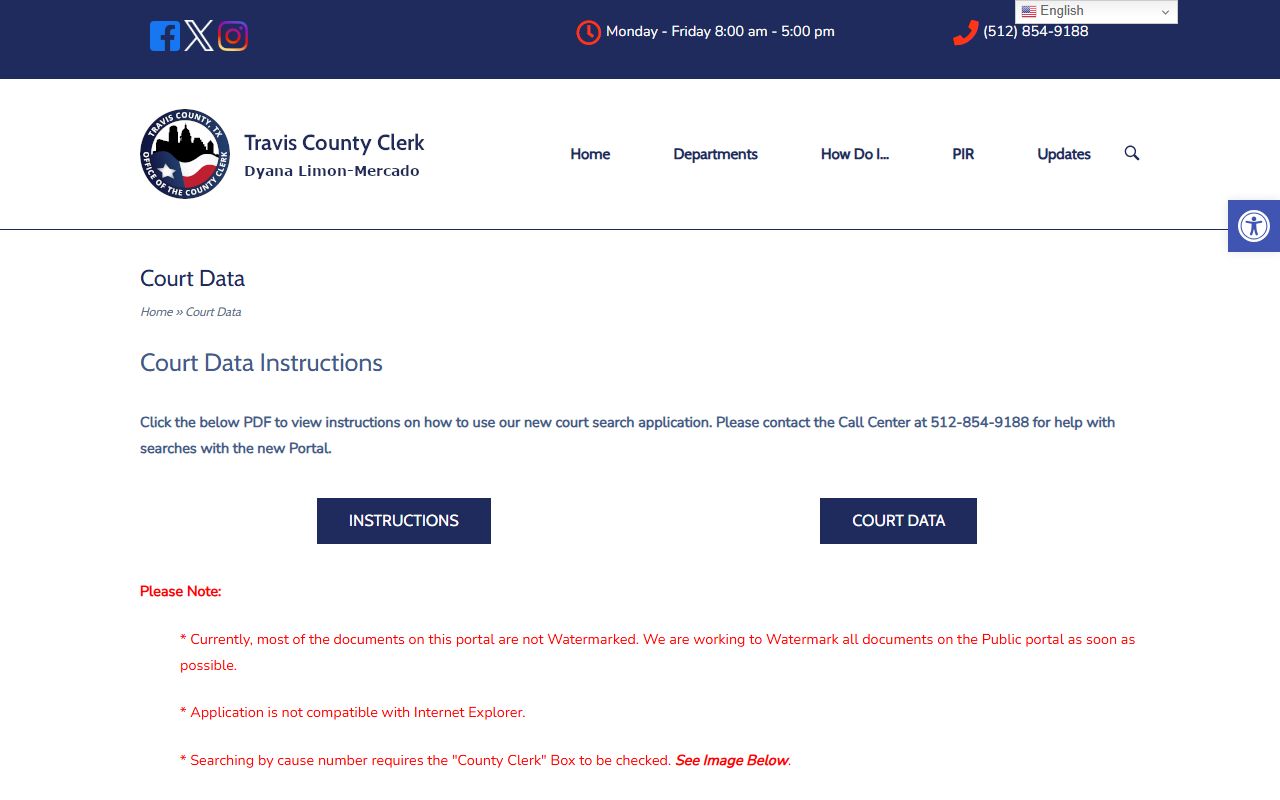 Travis County Clerk court data page for record search