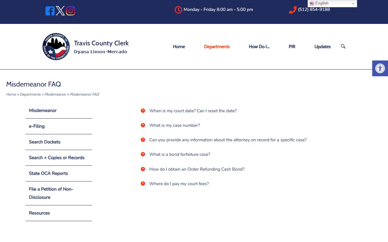 Travis County Clerk misdemeanor FAQ for court dates and records