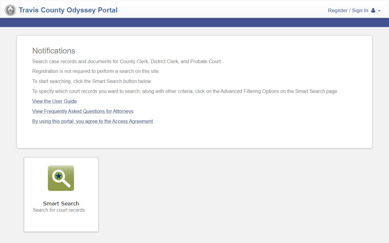 Travis County Odyssey Portal home page for court records search