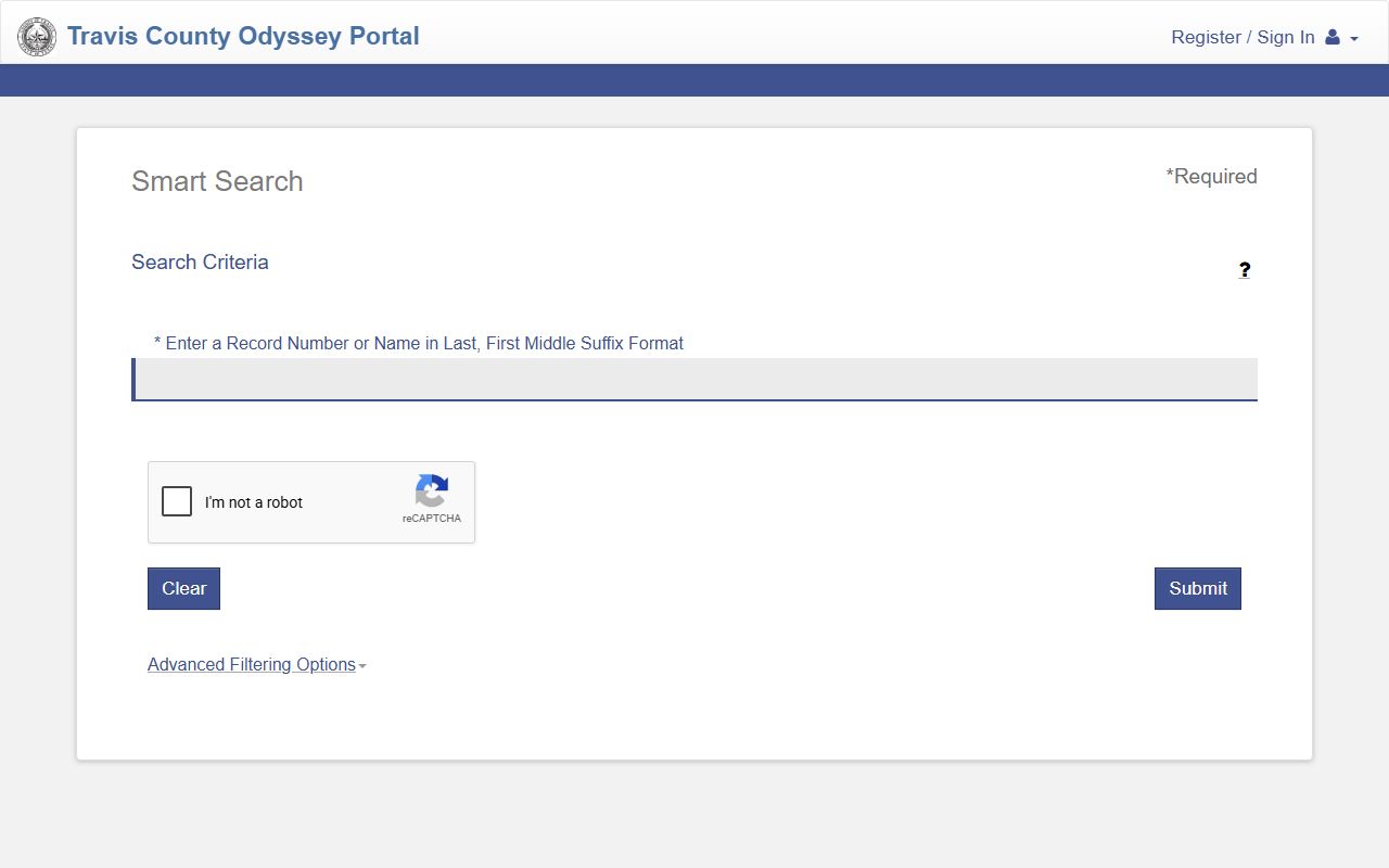 Travis County Odyssey Smart Search fields for court records lookup