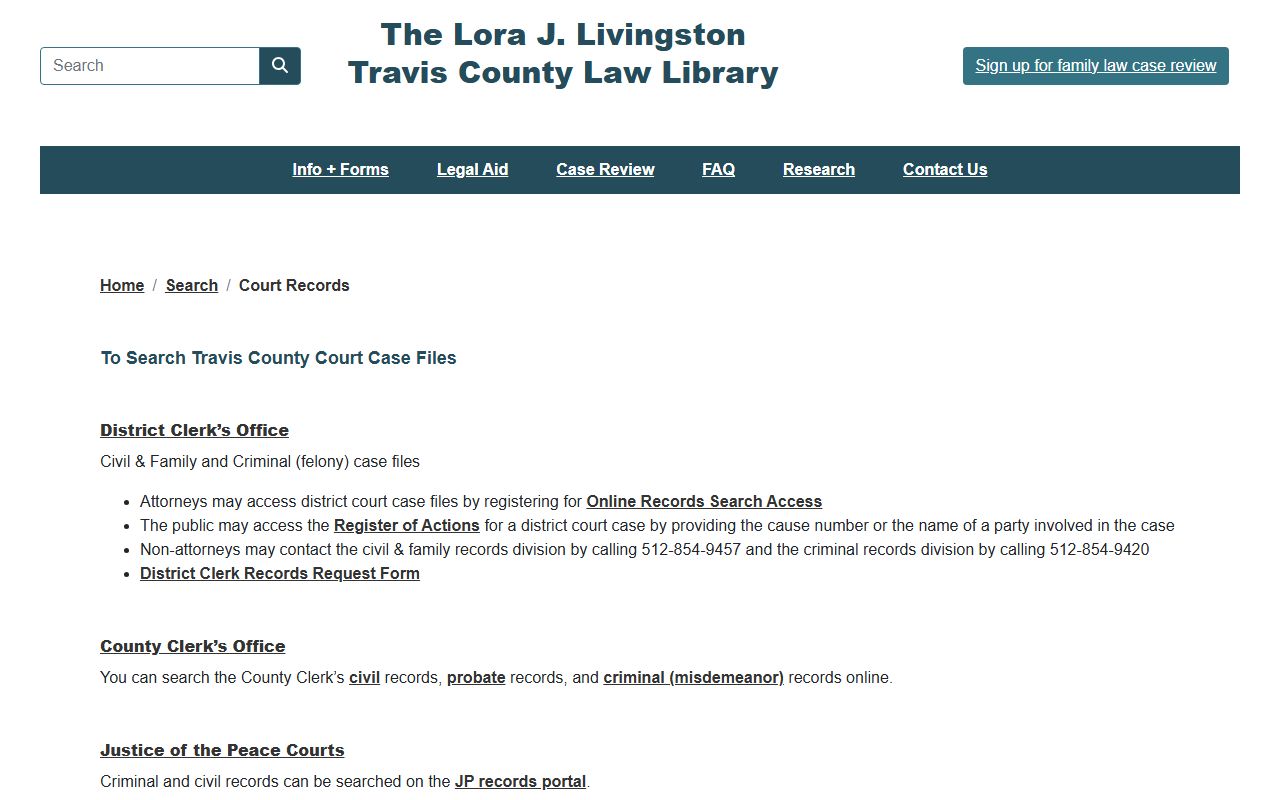 Travis County Law Library guide for court records search routes