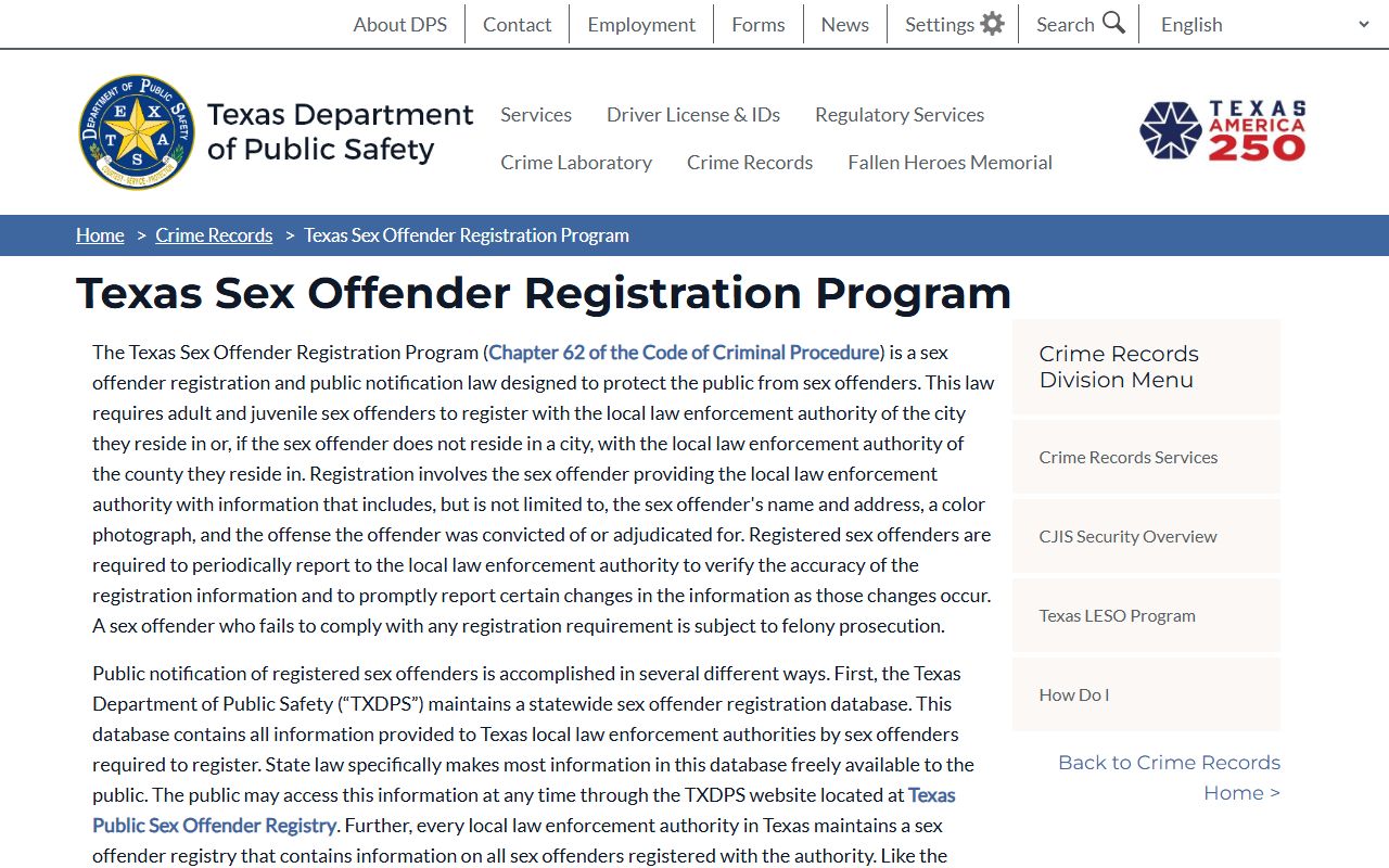 Texas DPS sex offender registration program for Travis County criminal databases