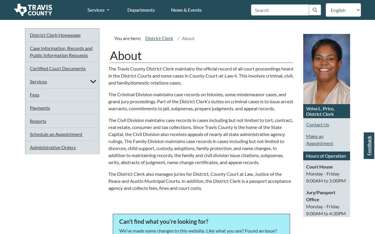 Travis County District Clerk about page for records