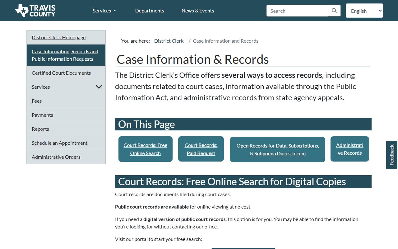 Travis County District Clerk case information and records page