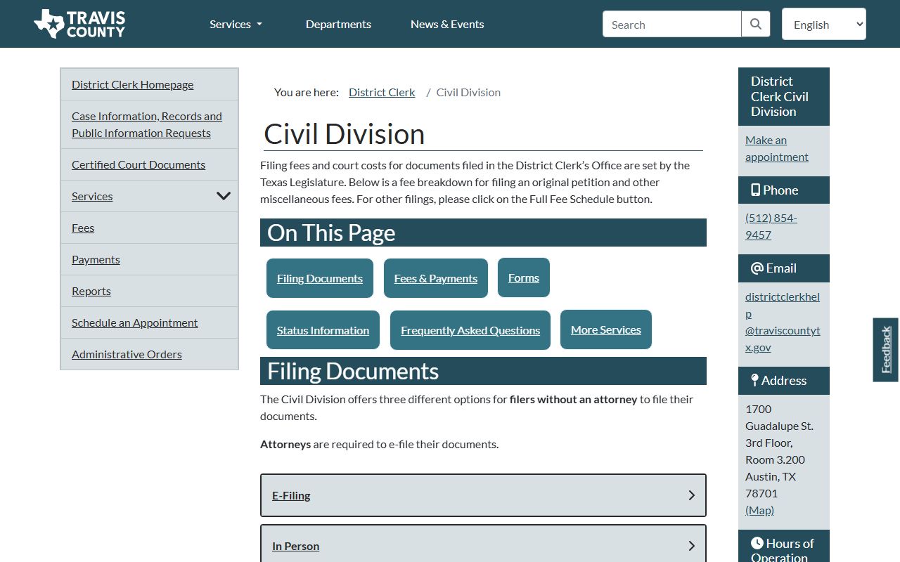 Travis County District Clerk civil division records and fees