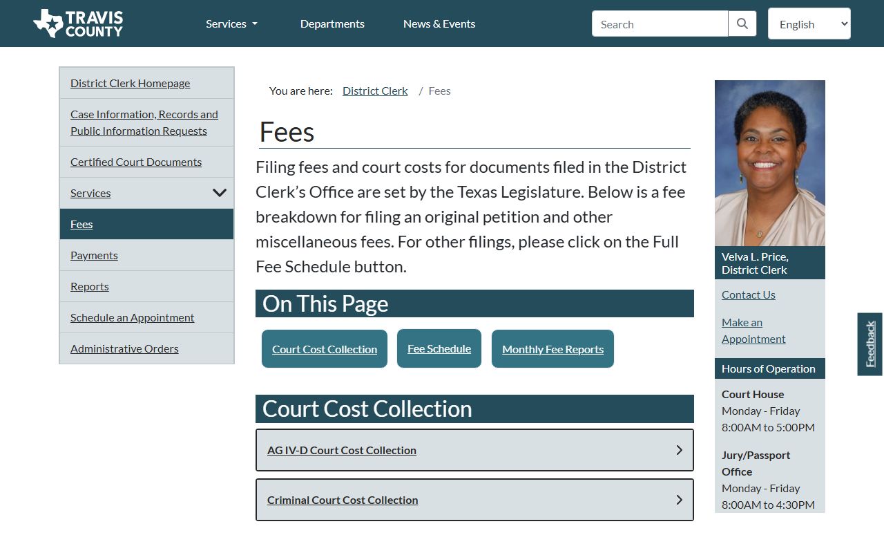 Travis County District Clerk fees and resources page