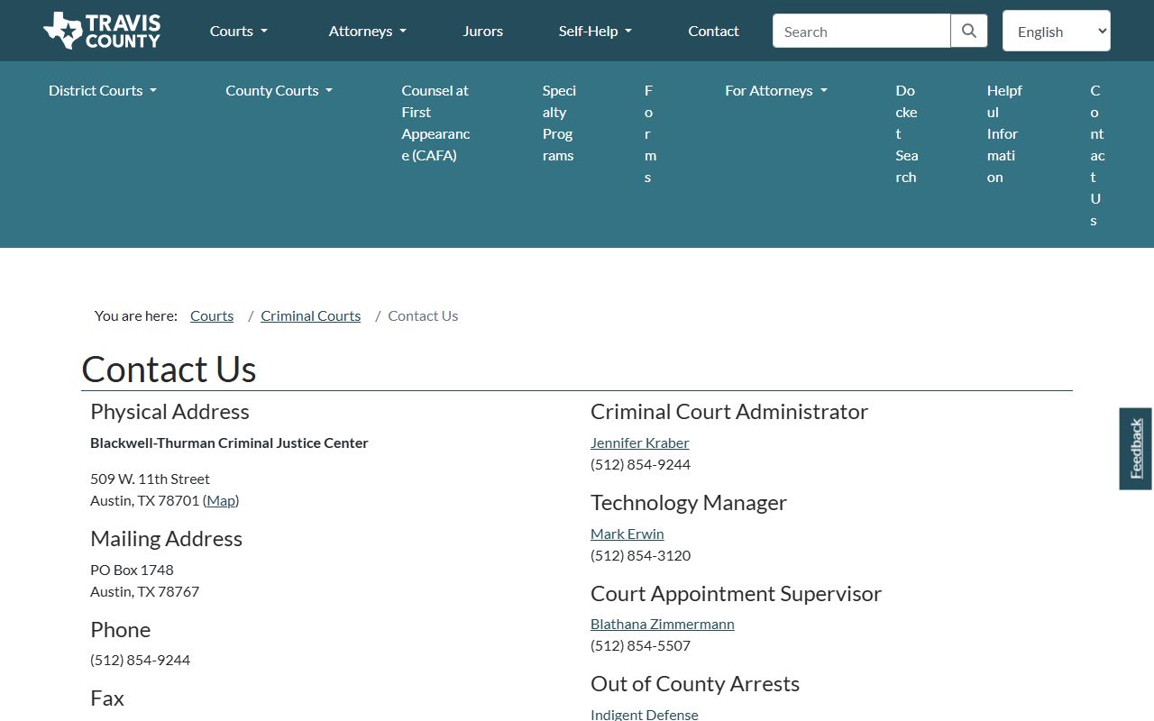 Travis County criminal district courts contact page for records