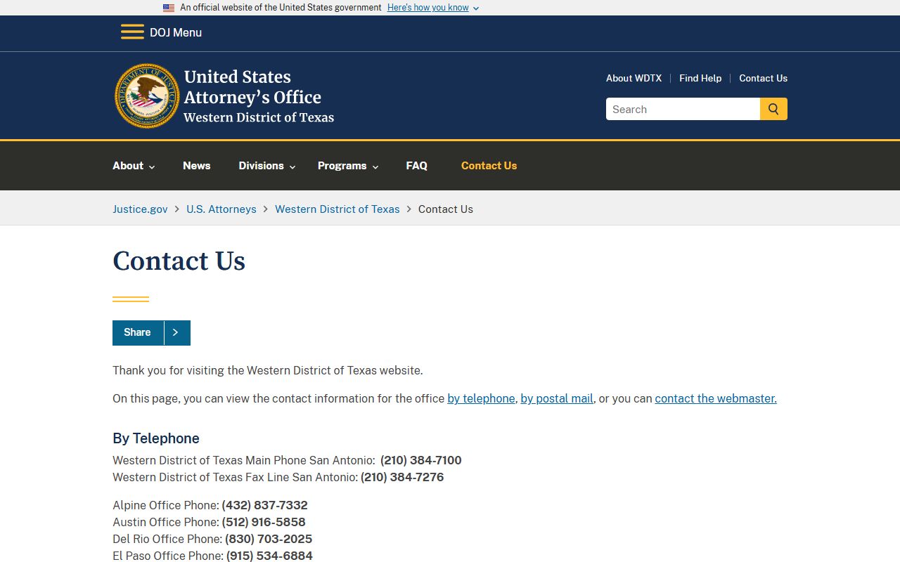 U.S. Attorney Western District contact page for federal records