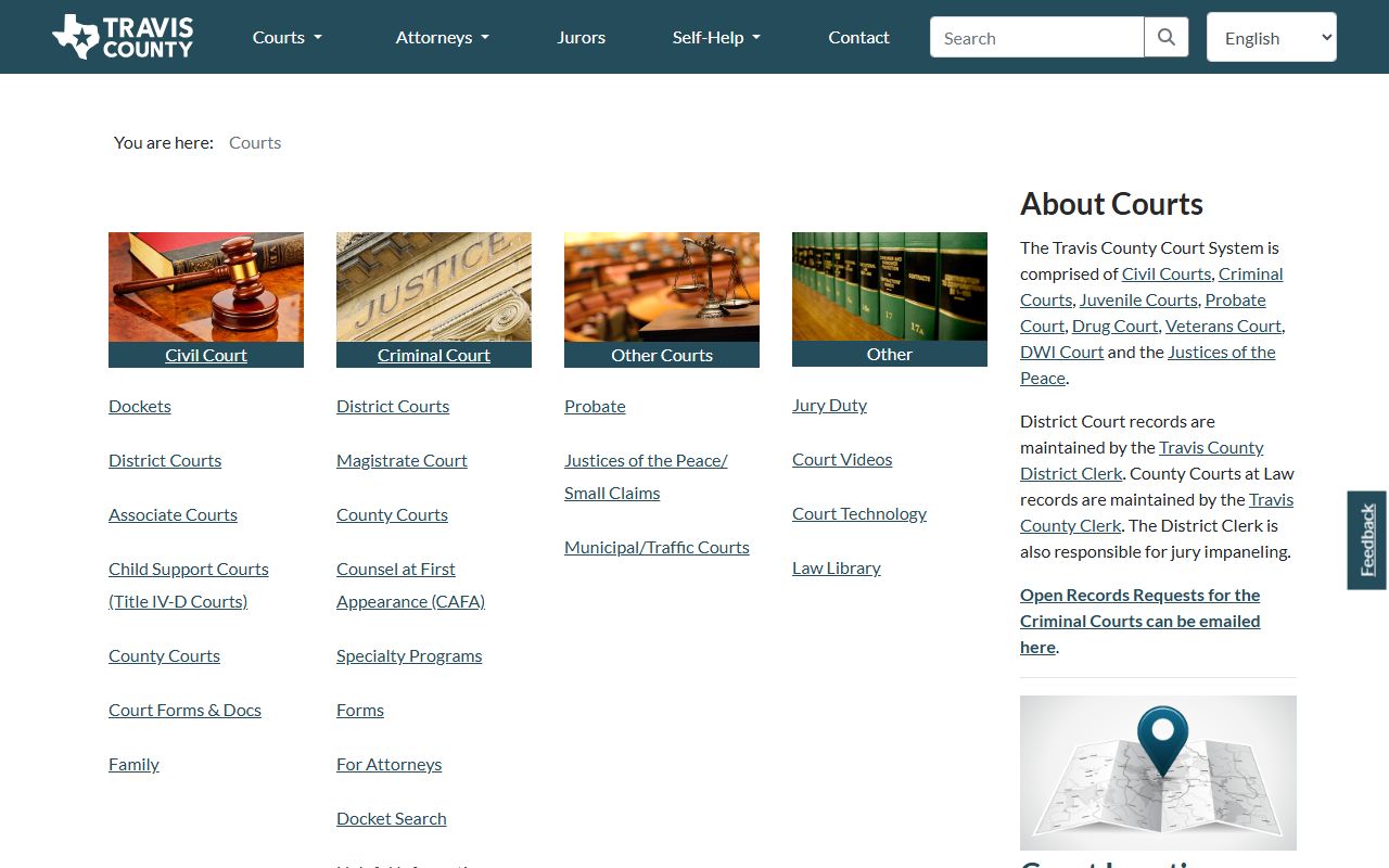 Travis County courts landing page for court records search