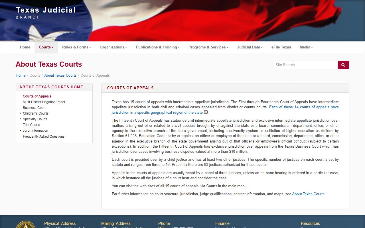 Texas Courts of Appeals page for Travis County court records appeals