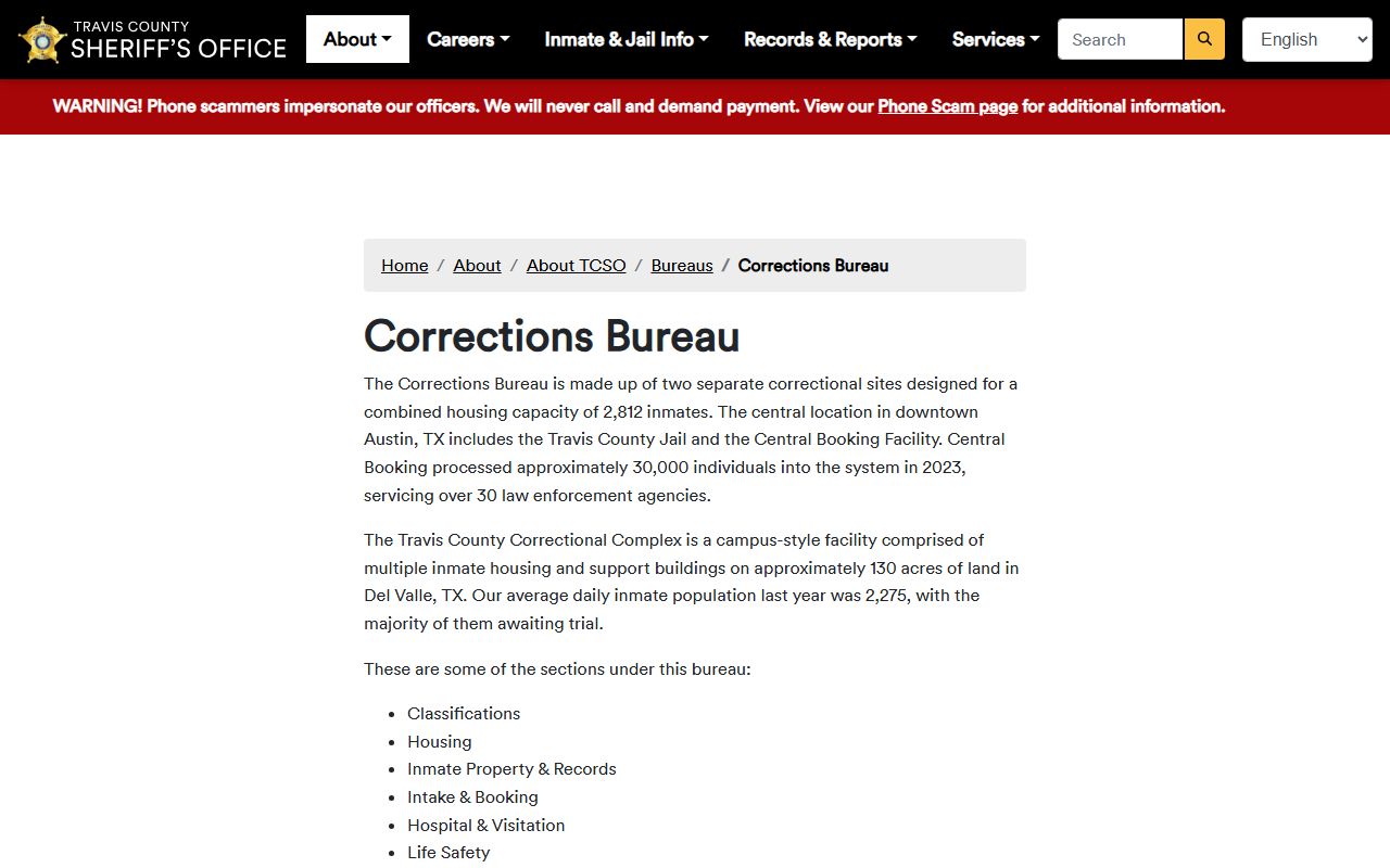 Travis County Corrections Bureau page for jail population data