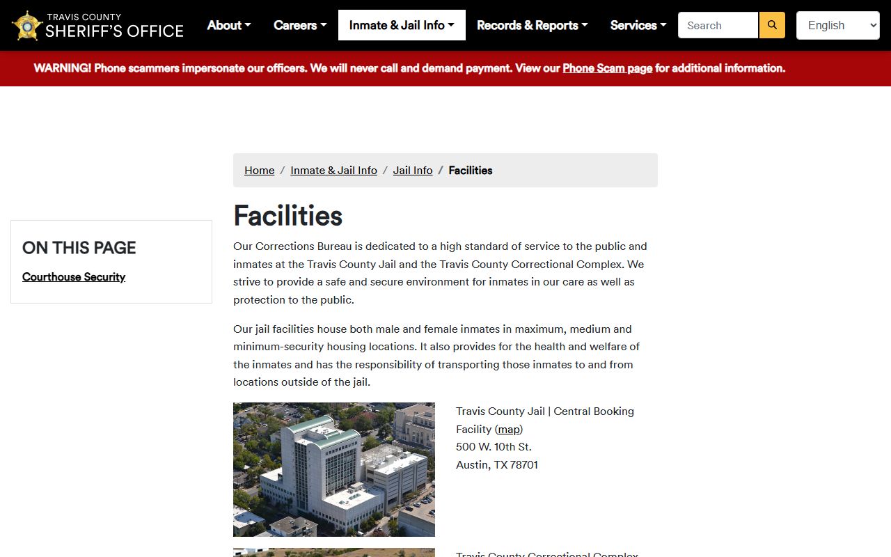 Travis County Sheriff jail facilities for inmate population data