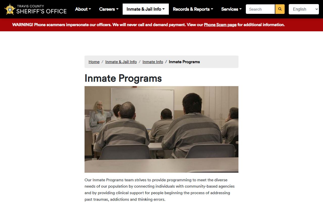 Travis County jail inmate programs for population mental health support