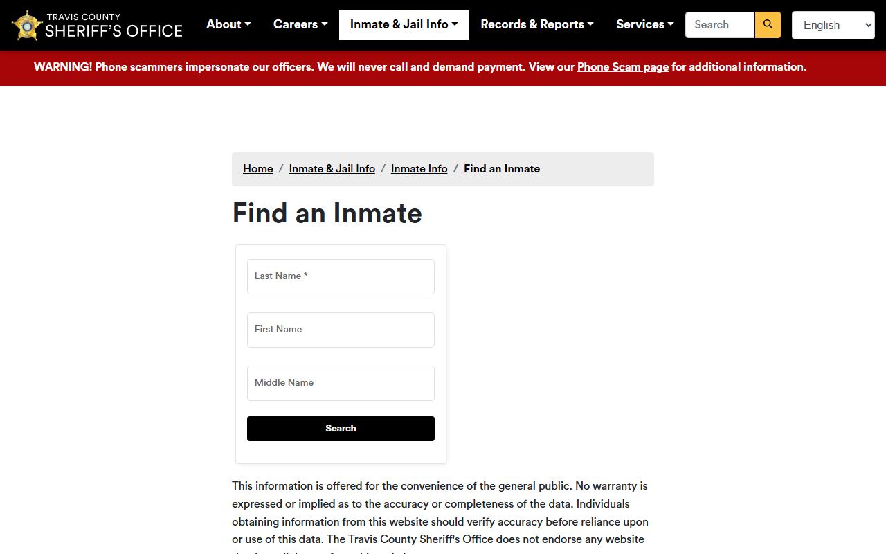 Travis County Sheriff inmate search page for the jail roster