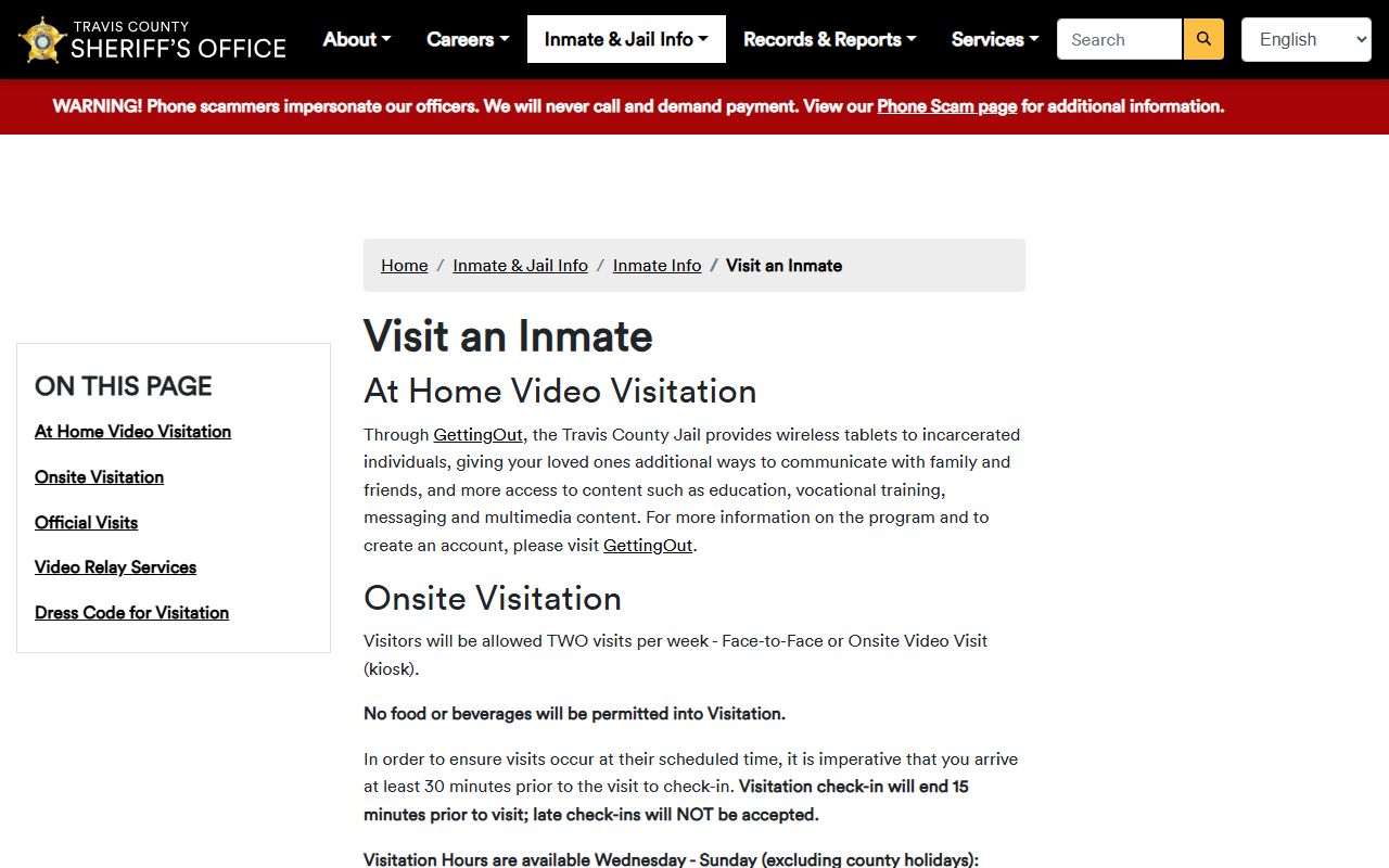 Travis County jail inmate visitation rules and schedule