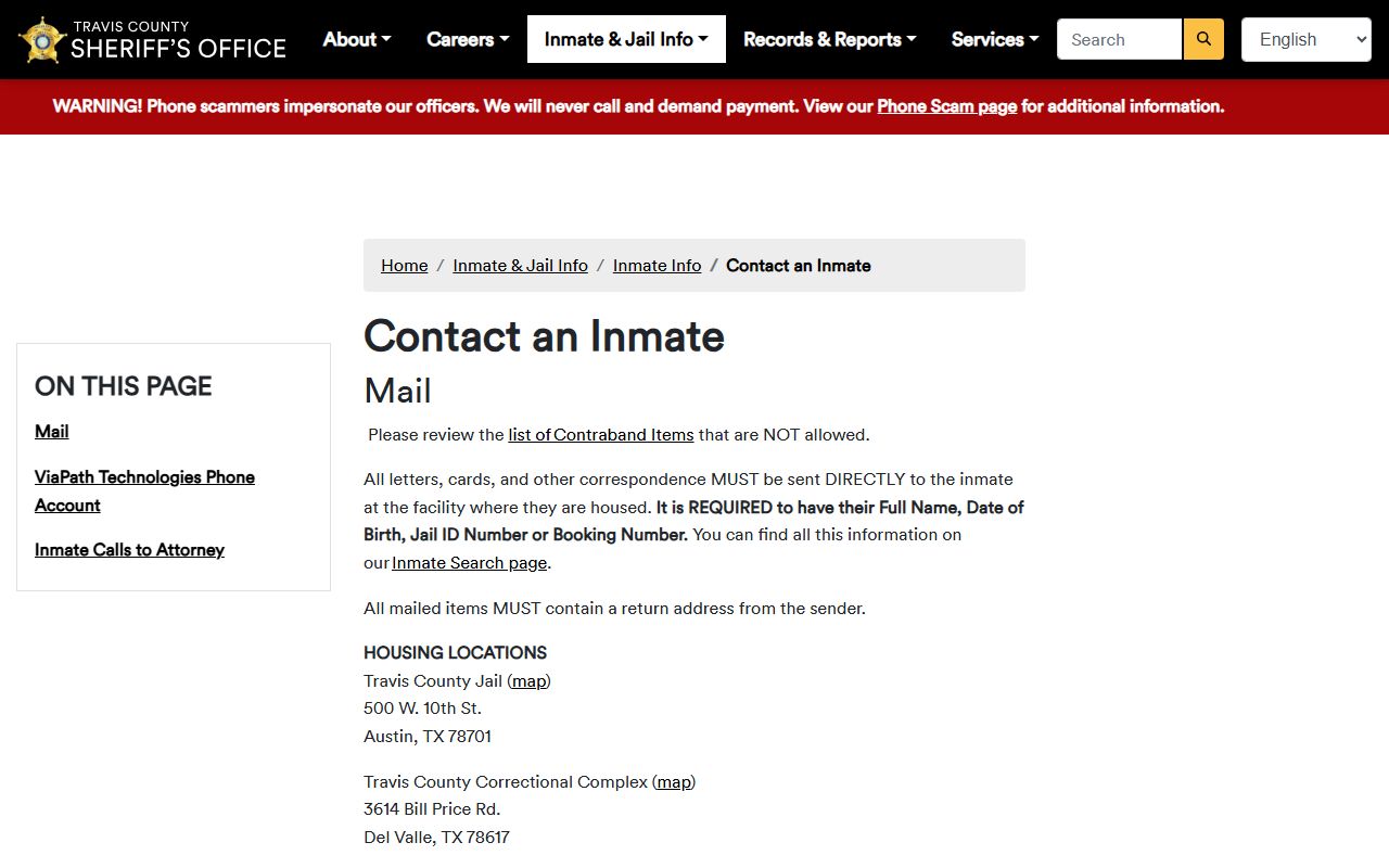 Travis County jail contact an inmate mail rules