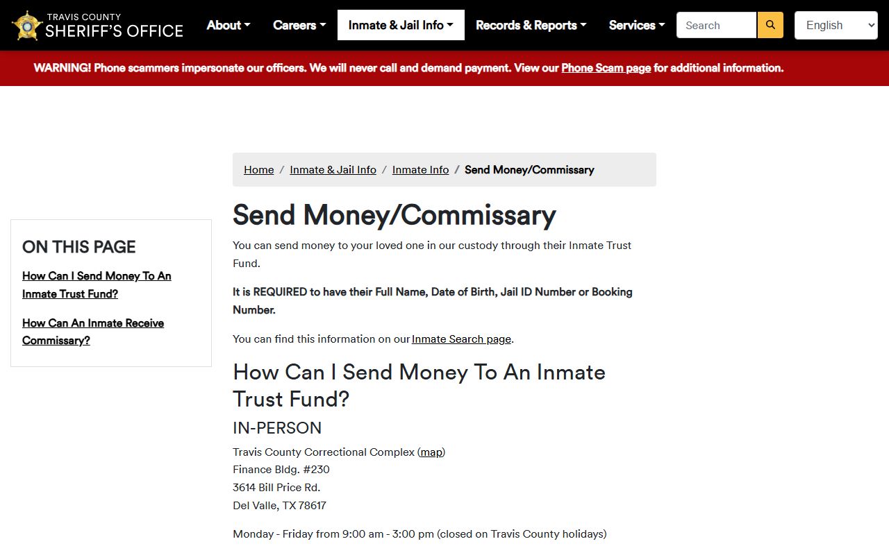 Travis County jail inmate money and commissary deposit options