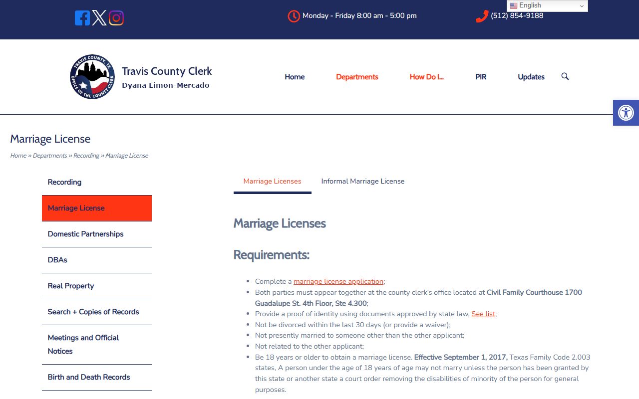 Travis County Clerk marriage license page for marriage records
