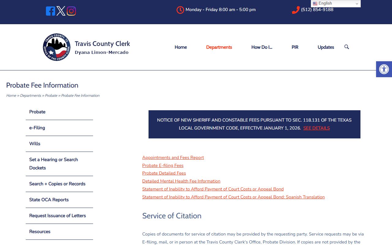 Travis County Clerk probate fee information for probate records