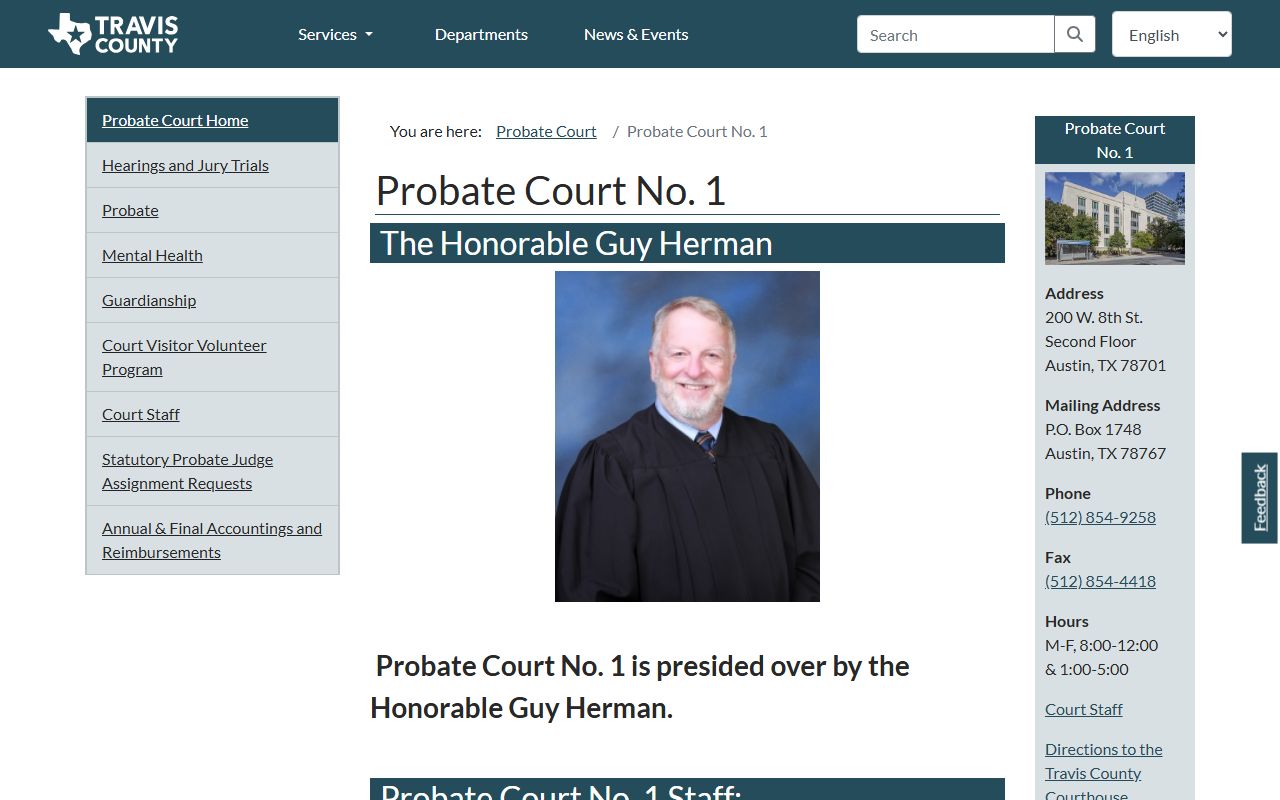 Travis County Probate Court No. 1 staff page for probate records