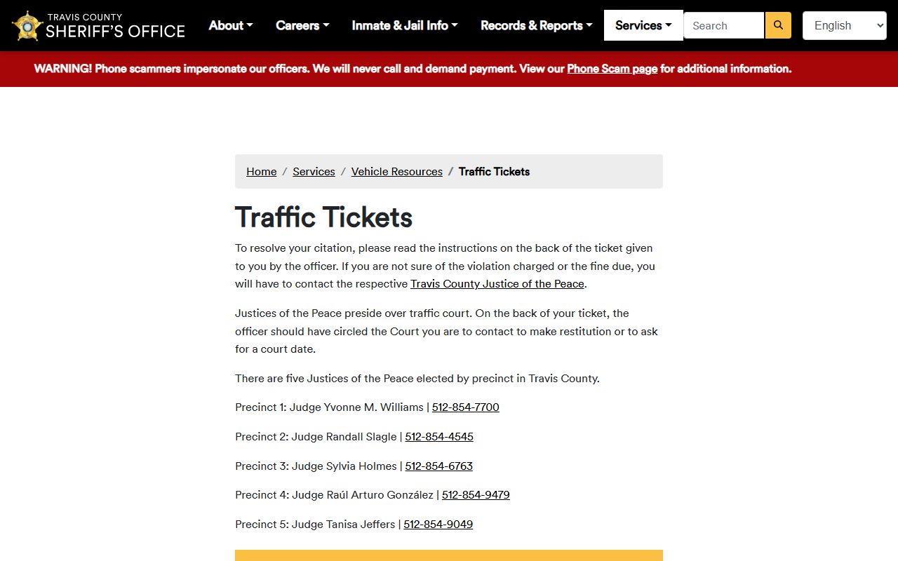 Travis County Sheriff traffic tickets page for traffic court records