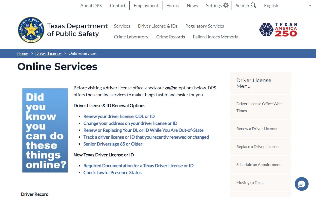 Texas DPS driver license online services for state driver records