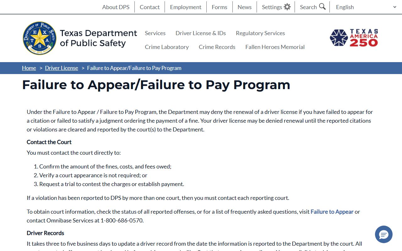 Texas DPS failure to appear and failure to pay program for traffic court records